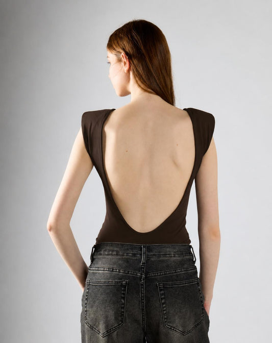 Deep Brown Boat Neck Bodysuit With Shoulder Pads