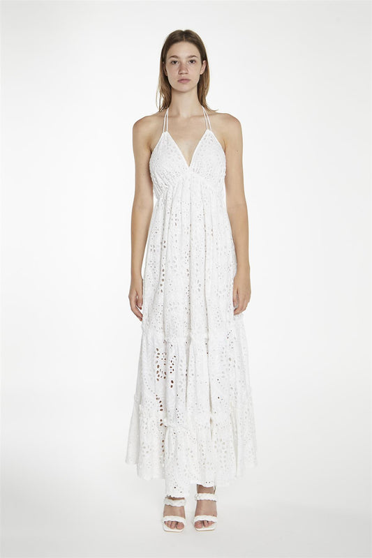 White-Broderie Halterneck Maxi-Dress