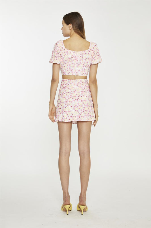 Pink Yellow Bunch Floral Short-Sleeve Tie-Detail Crop-Top