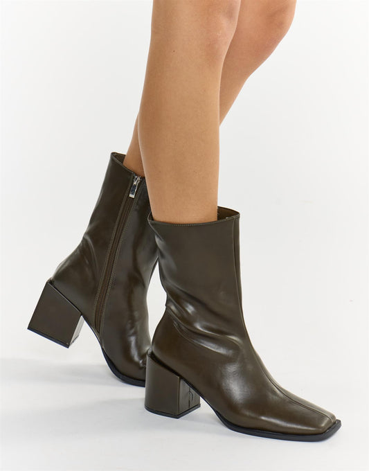 Olive Square Toe Block Heel Ankle Boots