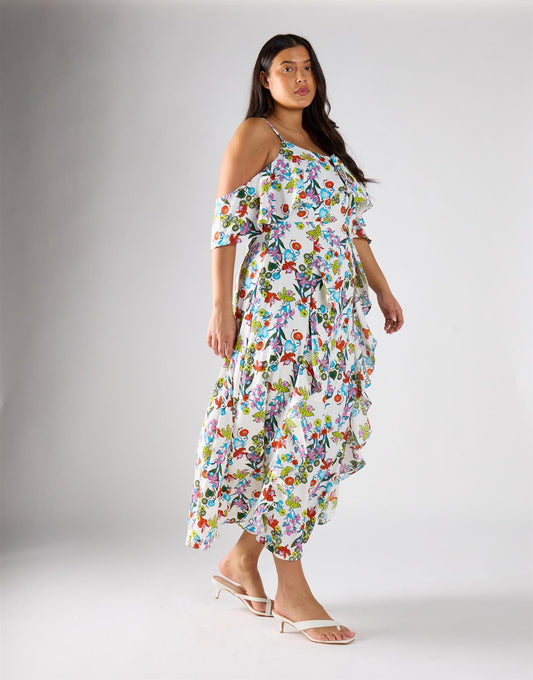 Glamorous Curve Bardot Multi Floral Strap Ruffle Dress