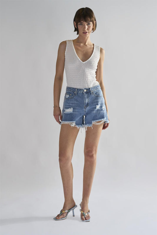 Authentic Mid Blue Ripped Denim Shorts