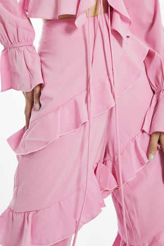 Candy-Pink Asymmetric-Ruffle Flared-Trousers