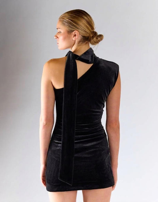 Black Velvet One-Shoulder Mini Dress With Neck-Tie
