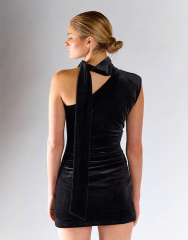 Black Velvet One-Shoulder Mini Dress With Neck-Tie