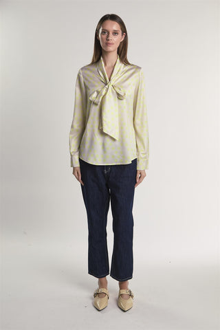 Yellow-Polka-Dot Front-Tie Long-Sleeve-Top