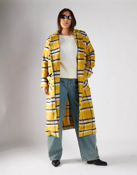 Glamorous Curve Yellow Check Open-Front Coat