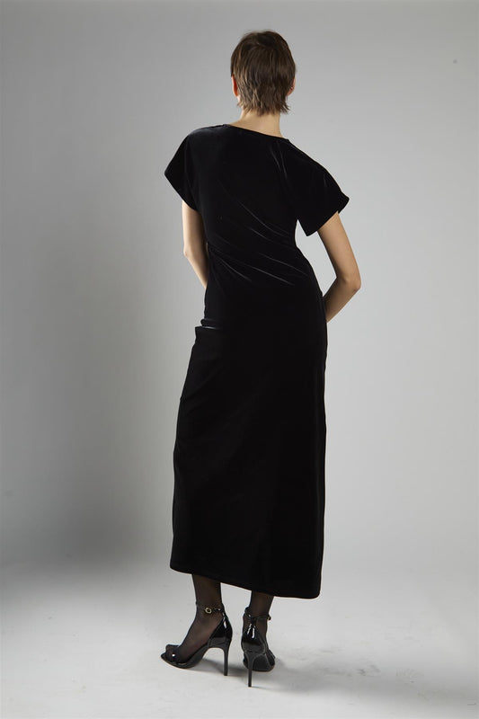 Black Velvet Short Sleeve V-Neck Maxi Dress