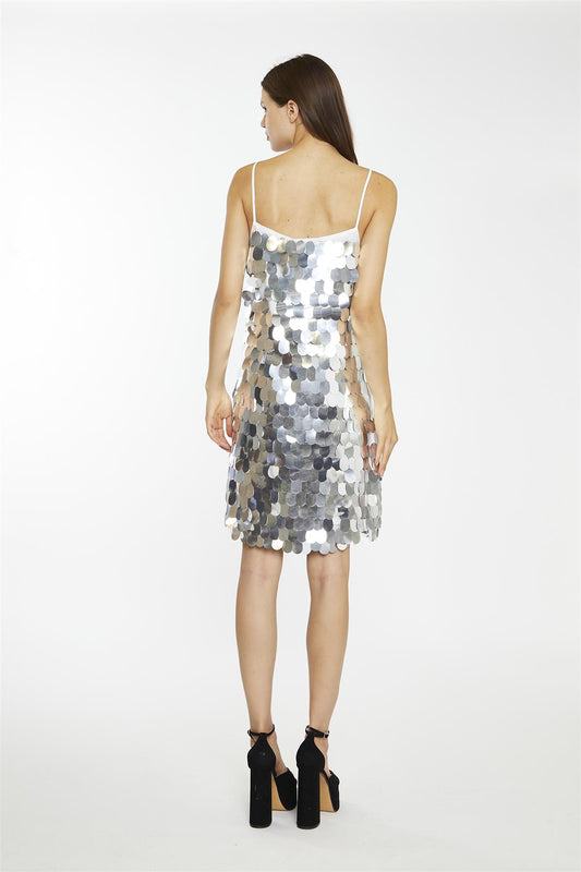 Large-Oval-Silver-Sequin Sleeves Mini-Dress