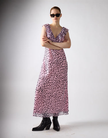 Lilac Dalmatian Print Ruffle Maxi Dress