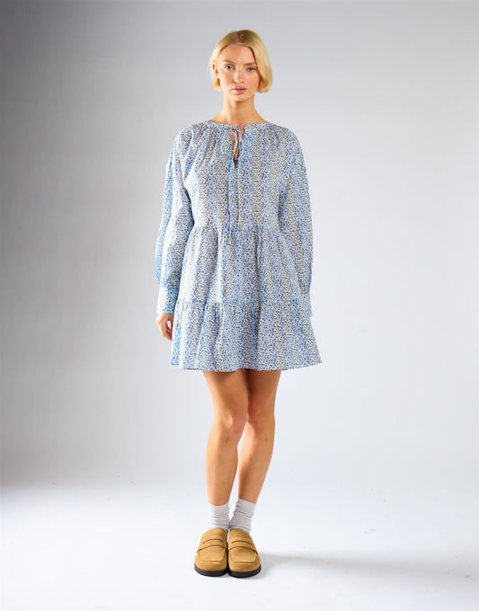 Blue Ditsy Floral Long Sleeve Frill Tiered Dress