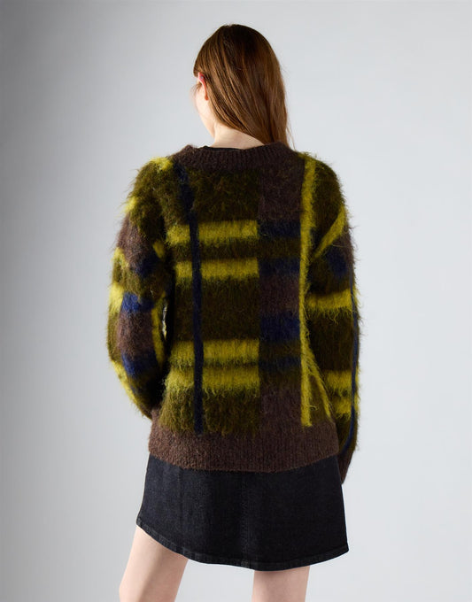 Khaki Check Round Neck Jumper