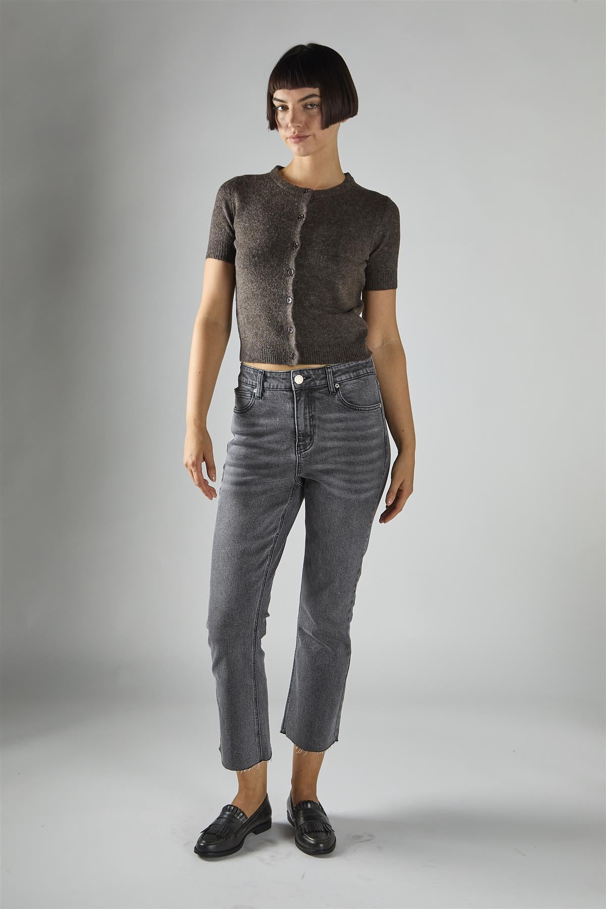 Dark-Brown-Marl Short-Sleeve Button-Front Crop Cardigan