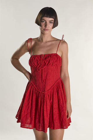 Red Broderie Tie Strap Mini Dress