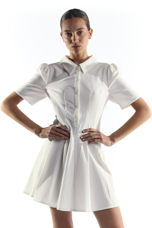 Trinity White Colour Button Through Pleated Short Sleeve Dress