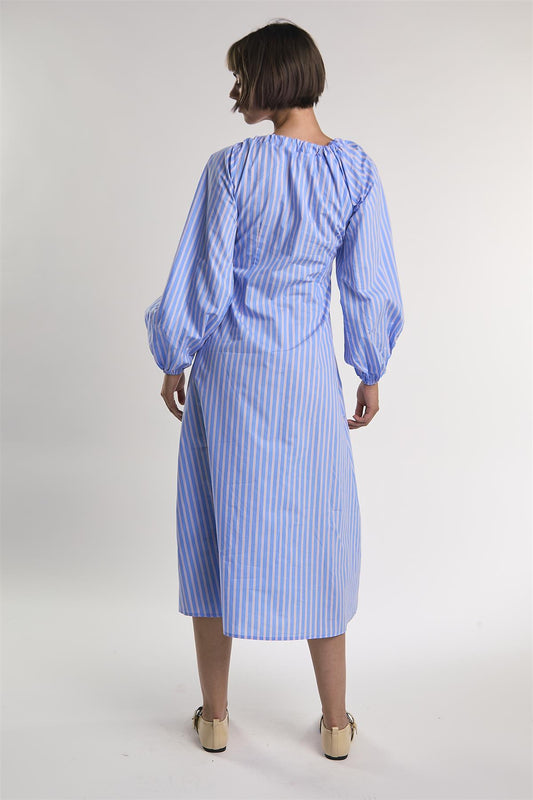 Light-Blue-Pink-Stripe Gathered-Neck Midi-Dress
