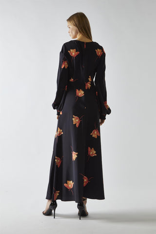 Black-Orange Flower V-neck Midi-Dress