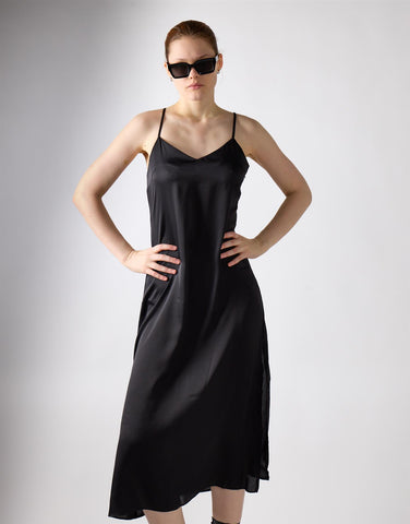 V-neck Open Back Midi Dress - Black Sateen