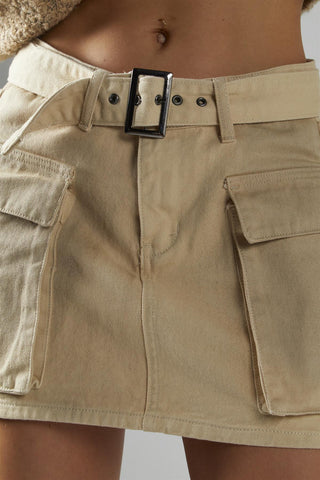 Ecru-Mud-Wash Denim-Combat Mini-Skirt