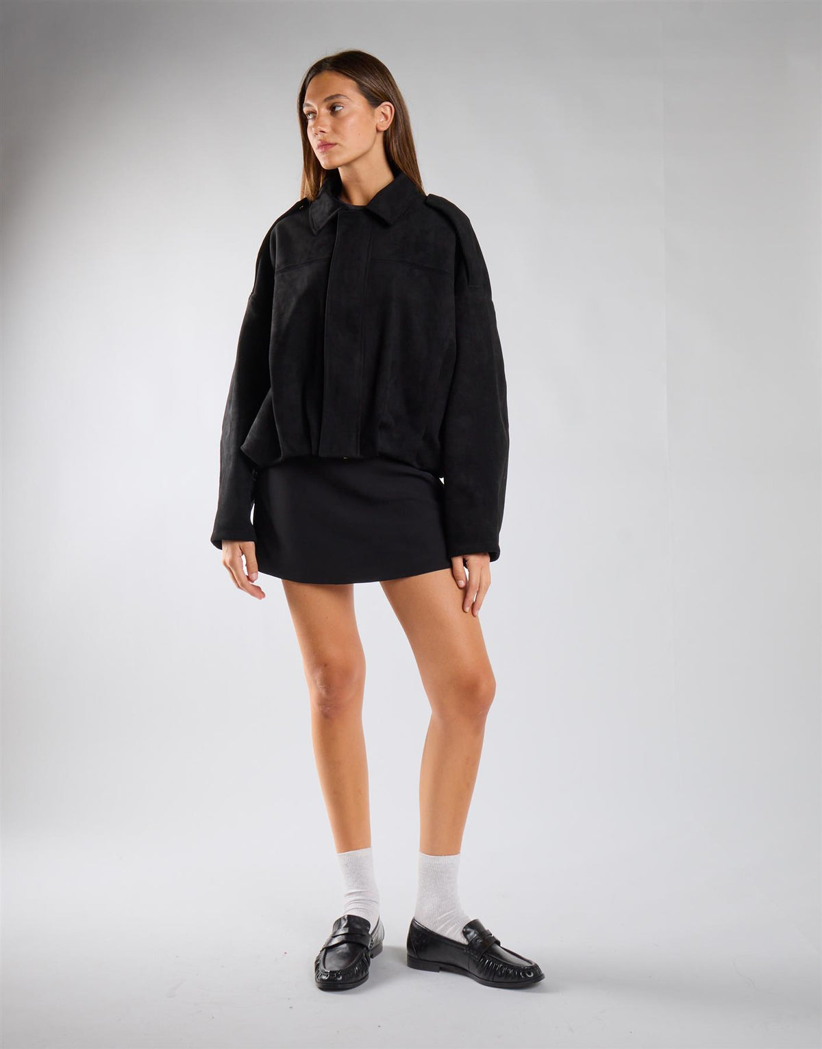 Black Suedette Boxy Collared Jacket