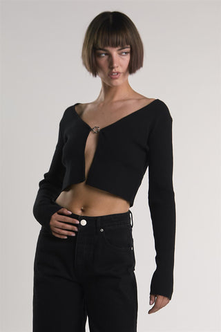 Black Open-Front-Ribbed Crop-Top