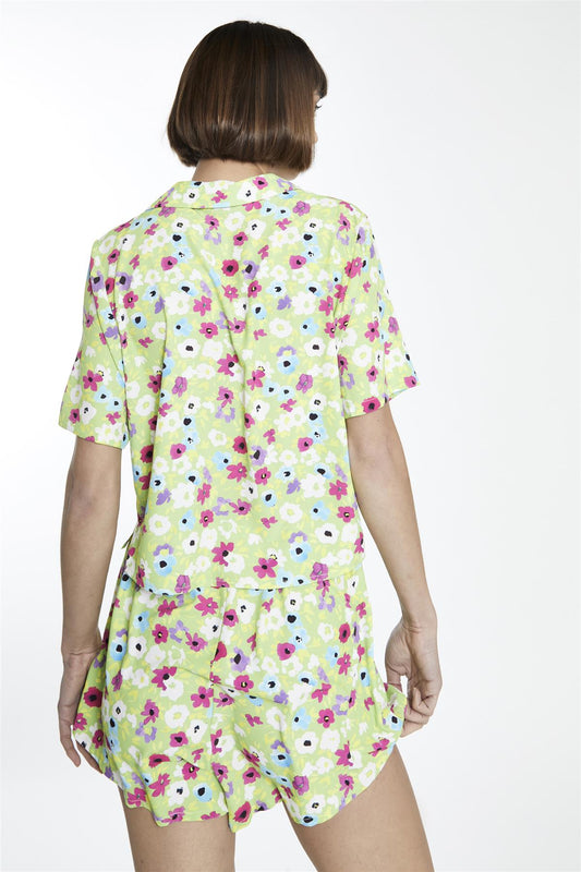 Multi Green Floral Button Front Crop-Shirt