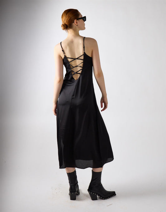 V-neck Open Back Midi Dress - Black Sateen