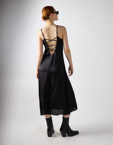 V-neck Open Back Midi Dress - Black Sateen