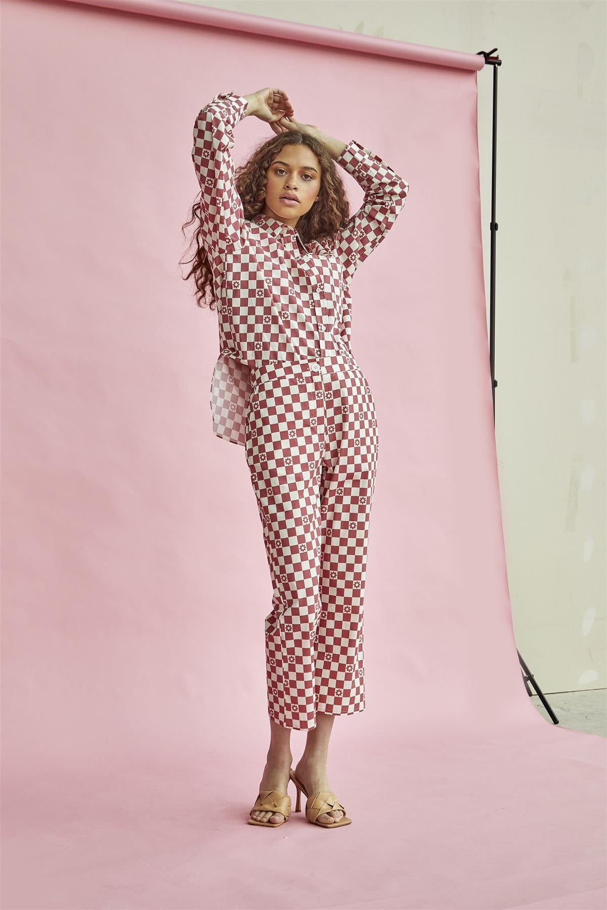 Rose-Checkerboard Flower Cropped-Trousers
