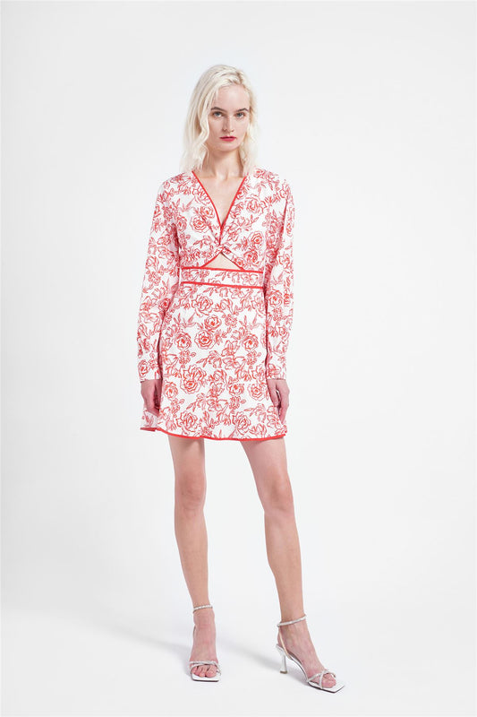 Red Outline Floral V-Neck Cut-Out Mini-Dress