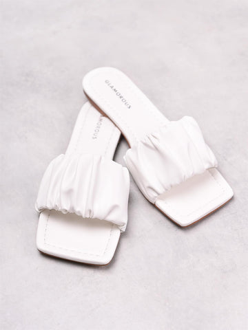 White Ruched Square Toe Sandals