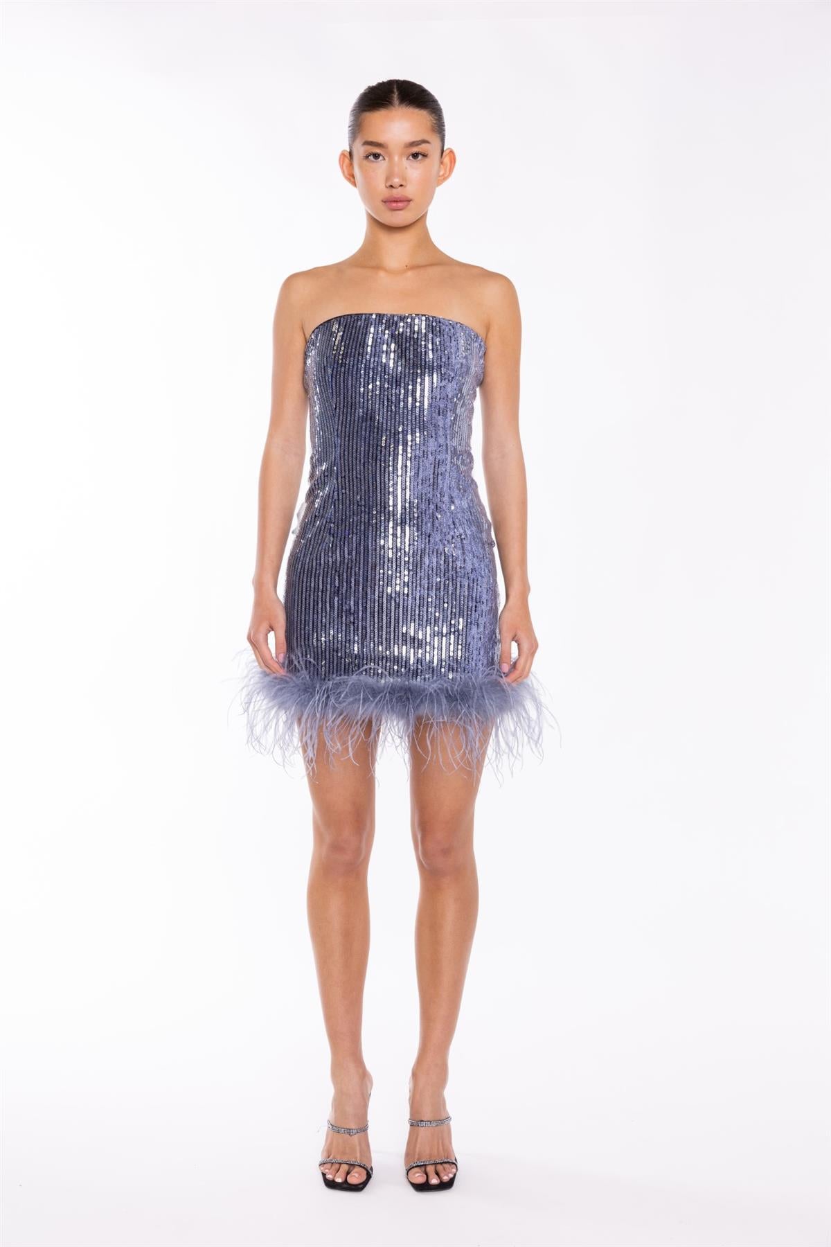 Blue-Sequin Feather-Hem Mini-Dress