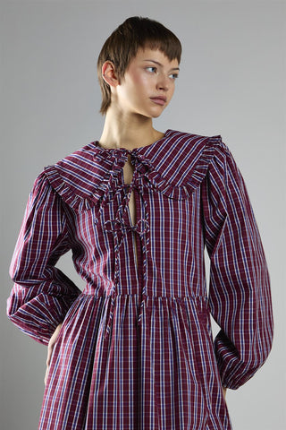 purple plaid dress with tie front detail and flap collar  Jenna Ortega inspired dress 