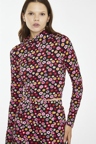 Black-60S-Flower Turtle-Neck Long Sleeve-Top