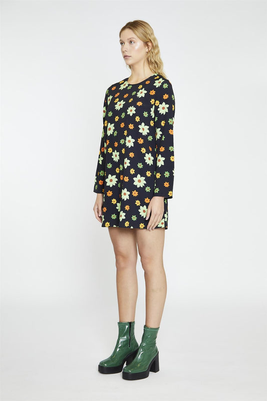Black-Green-Flower Long-Sleeve Mini-dress