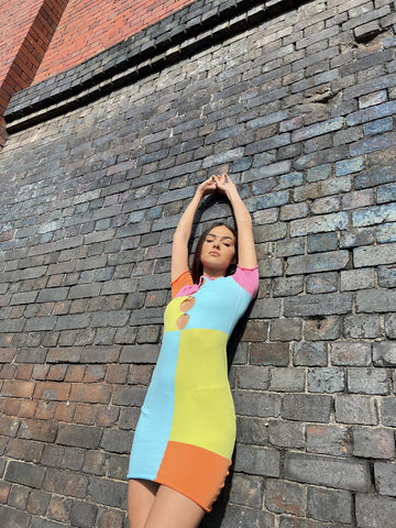 Multicolour-Patchwork Cut-Out-Bodycon Mini-Dress