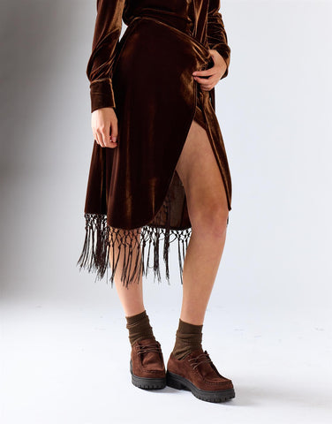 Brown Velvet Fringe Hem Skirt