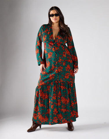 Glamorous Curve Green Rust Floral Multi Channel Maxi Dress