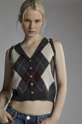Charcoal-Argyle Button-Front-Vest Crop-Top