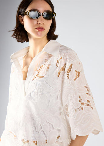 White Embroidered Flare Short Sleeve Shirt