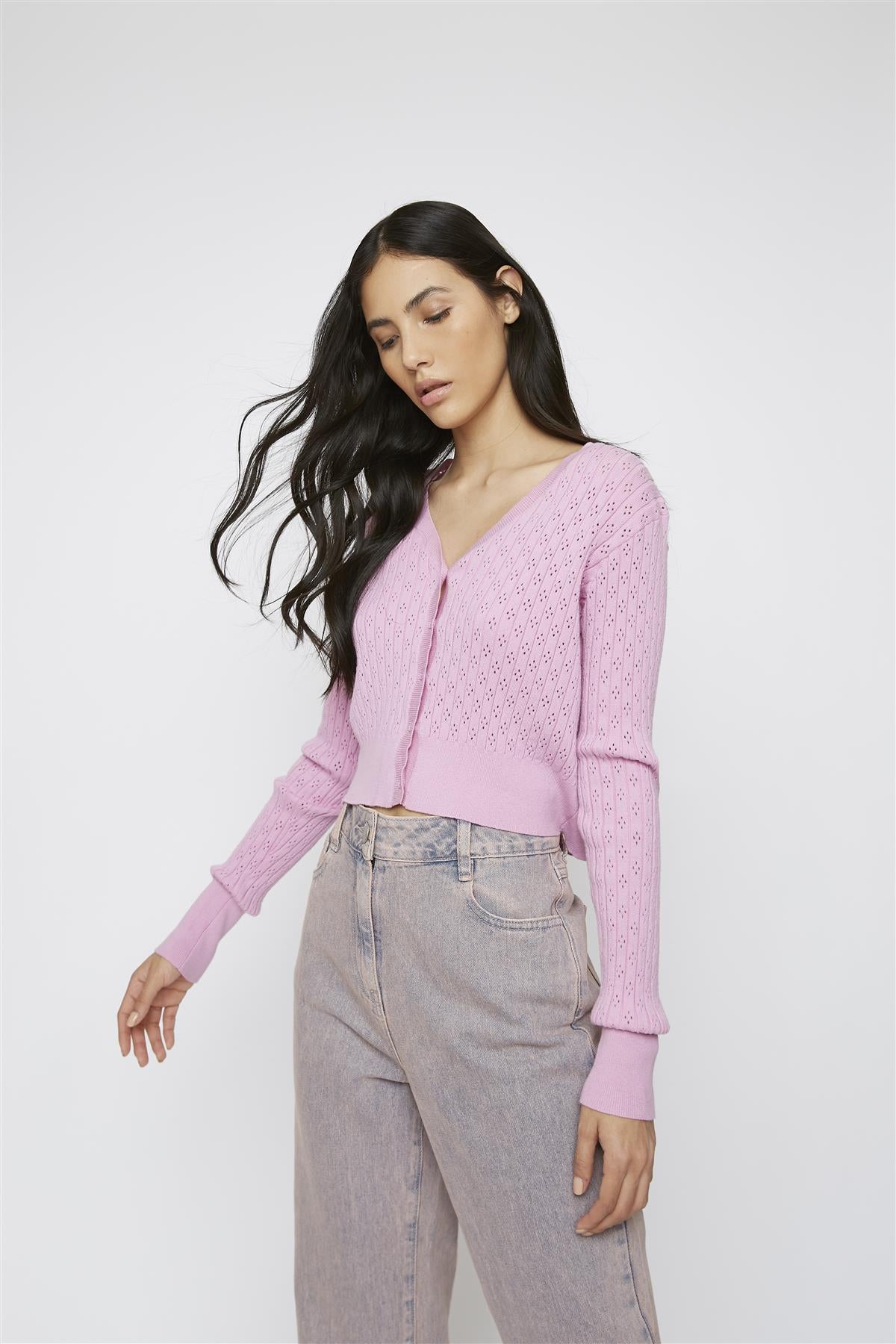 Orchid-Pink Long-sleeve Cropped-Cardigan