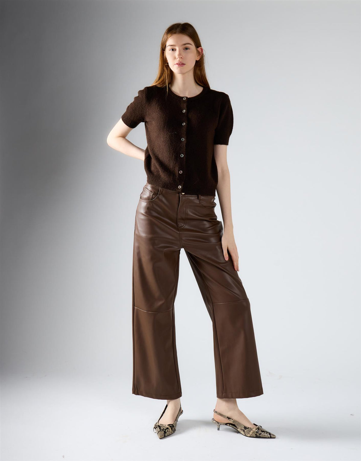 Brown Pu Straight Leg Trousers
