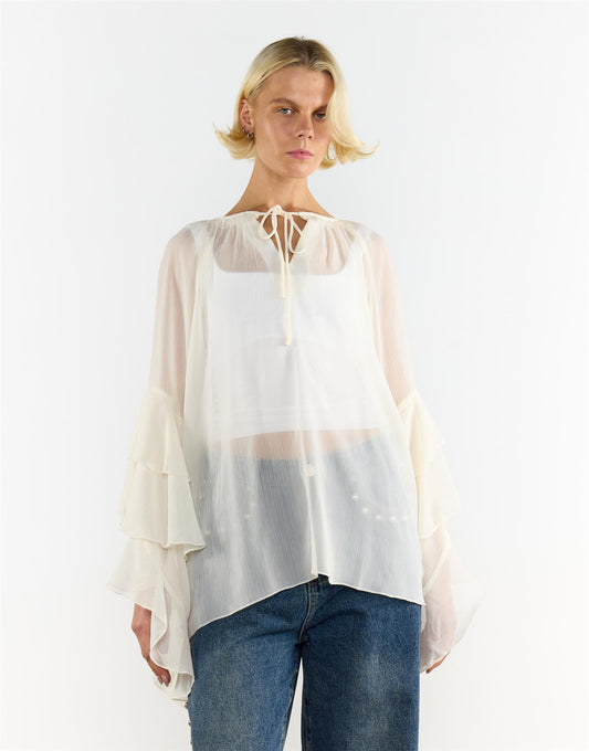 Cream Multi Ruffle Long Sleeve Top