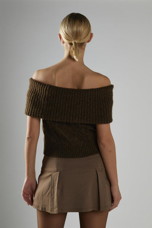 Dark-Brown Bardot-Cable-Knit Jumper