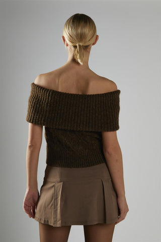 Dark-Brown Bardot-Cable-Knit Jumper