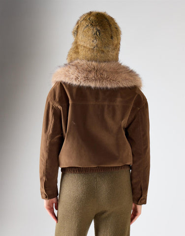 Khaki Brown Faux Fur Collar Bomber Jacket