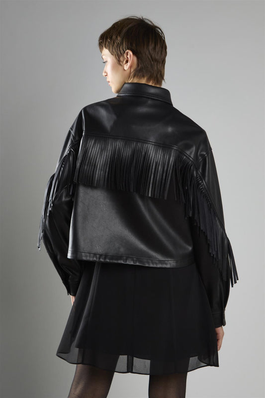 Black Pu Asymmetric Fringe Button-front Jacket