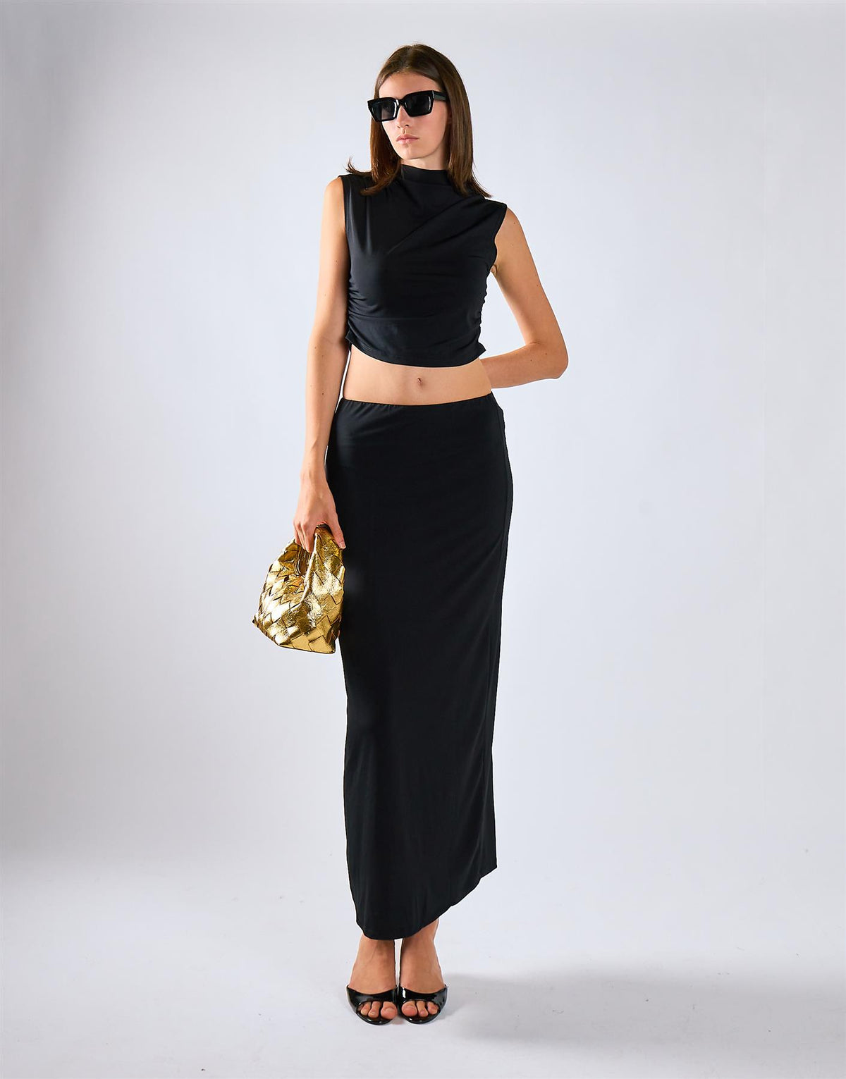 Black Low-Waist Column Maxi Skirt
