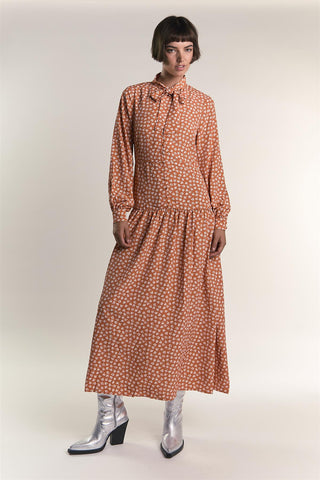 Rust Ditsy Tie Neck Long Sleeve Midaxi Dress