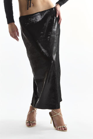 Black Sequin Leg-Split Midi Skirt